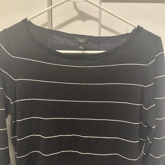 Talbots Petites Silk Blend Black White Stripe Crewneck Sweater Size MP Medium - Picture 3 of 7